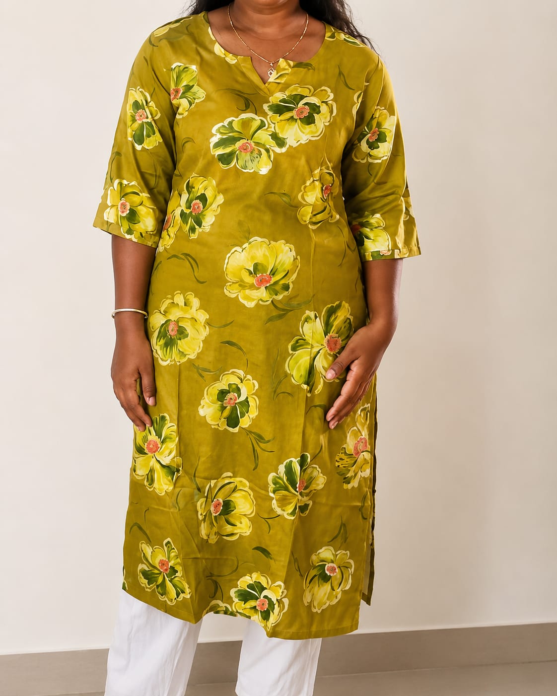 Olive Green Floral Printed Kurti for Women