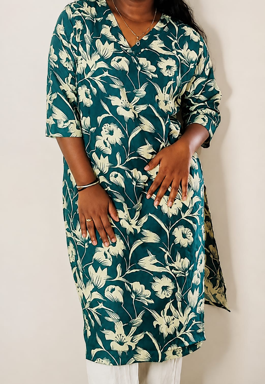 Teal Blue Floral Printed Long Kurti for Women