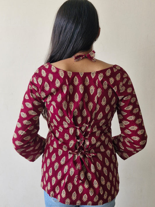 Maroon Ethnic Printed Casual Top for Women