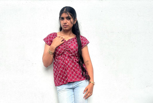Cotton Ikat Short Kurti Top with Cap Sleeves