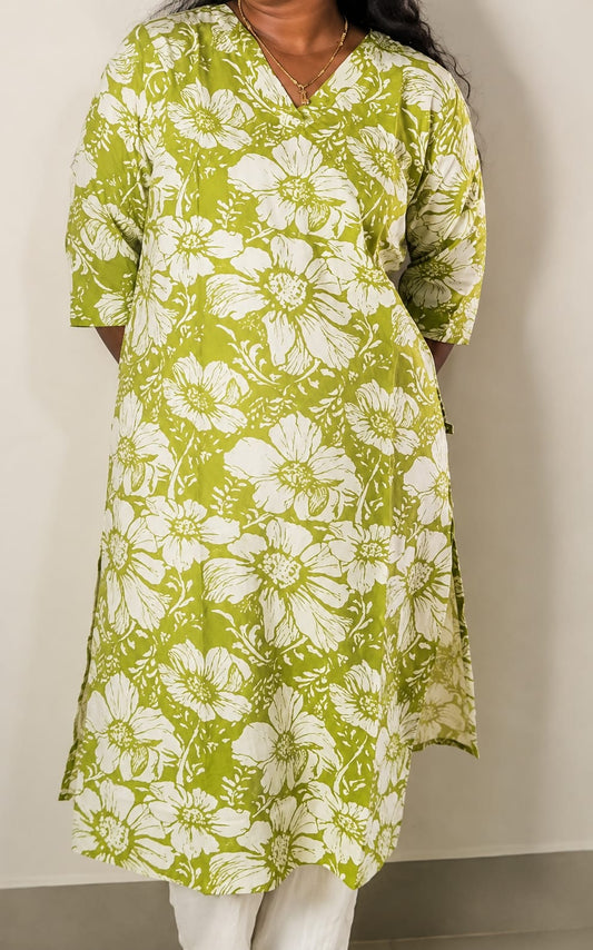 Lime Green Floral Printed Long Kurti for Women