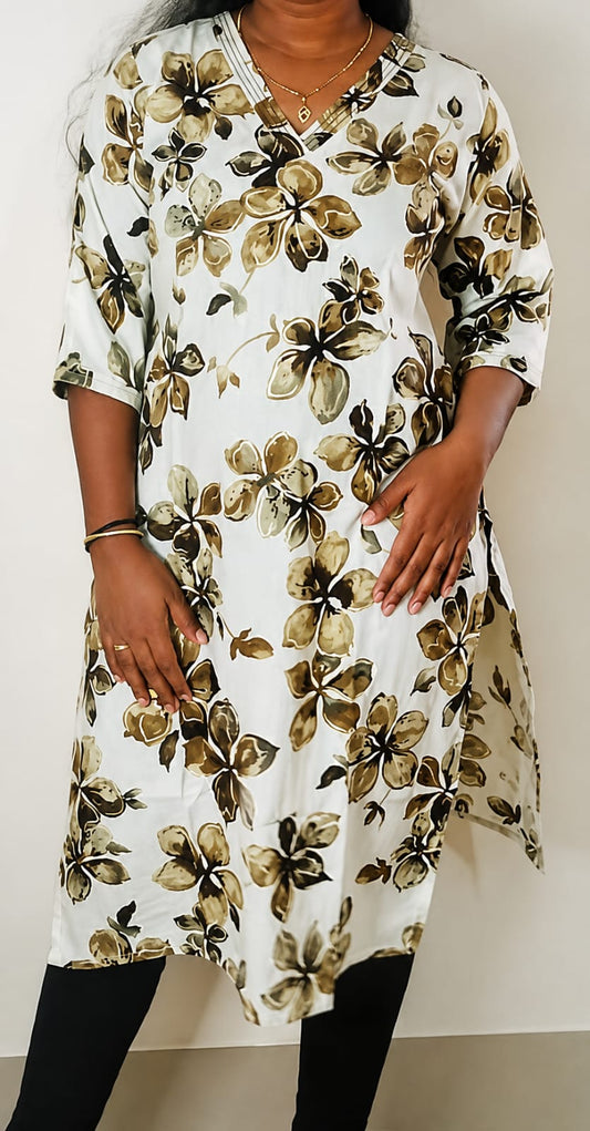 White Floral Printed Straight Kurti for Women