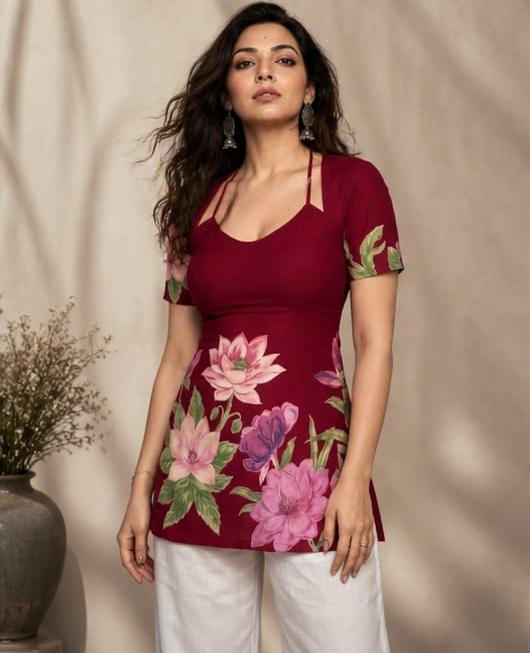 Maroon shoet kurti Floral Printed A-Line Top