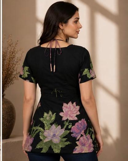 Black short kurti Floral Printed A-Line Top
