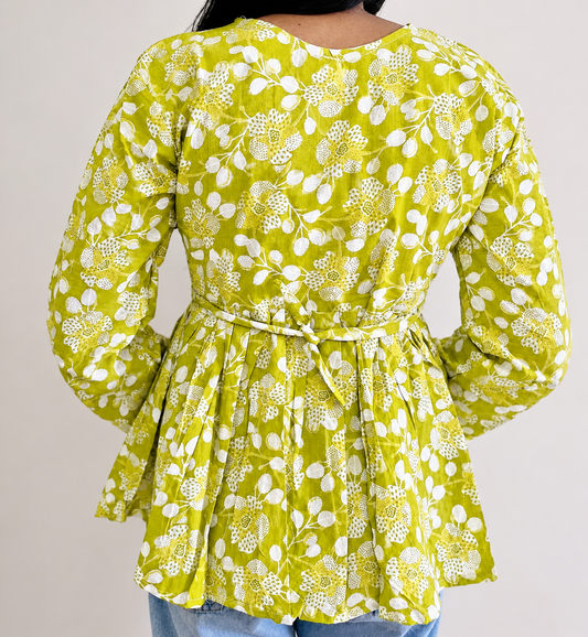 Lime Green  Floral Printed Peplum Top