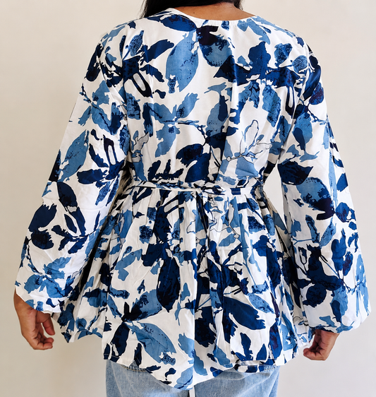 Blue Floral Printed Peplum Top