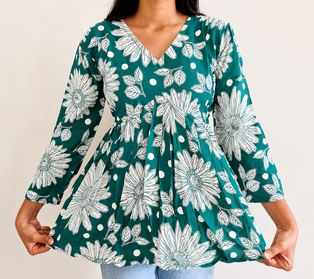 Teal Floral Printed Peplum Top