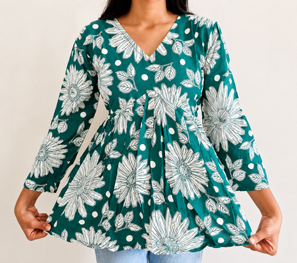 Teal Floral Printed Peplum Top