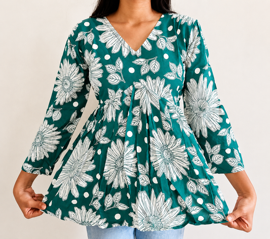 Teal Floral Printed Peplum Top