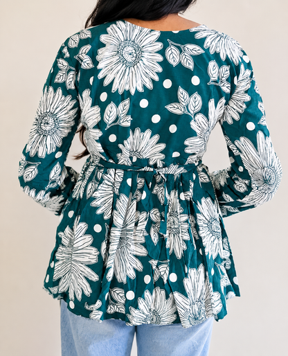 Teal Floral Printed Peplum Top