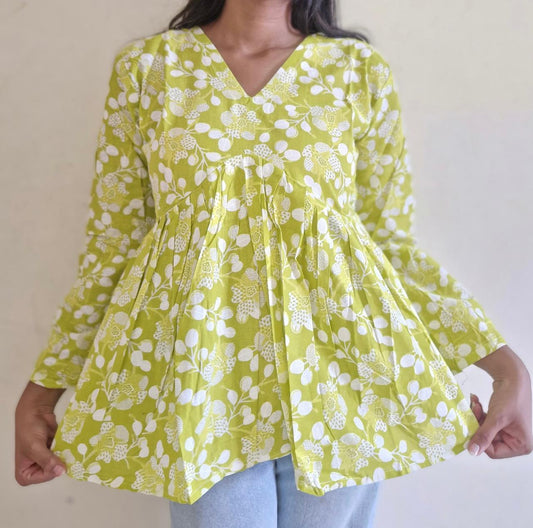 Lime Green  Floral Printed Peplum Top