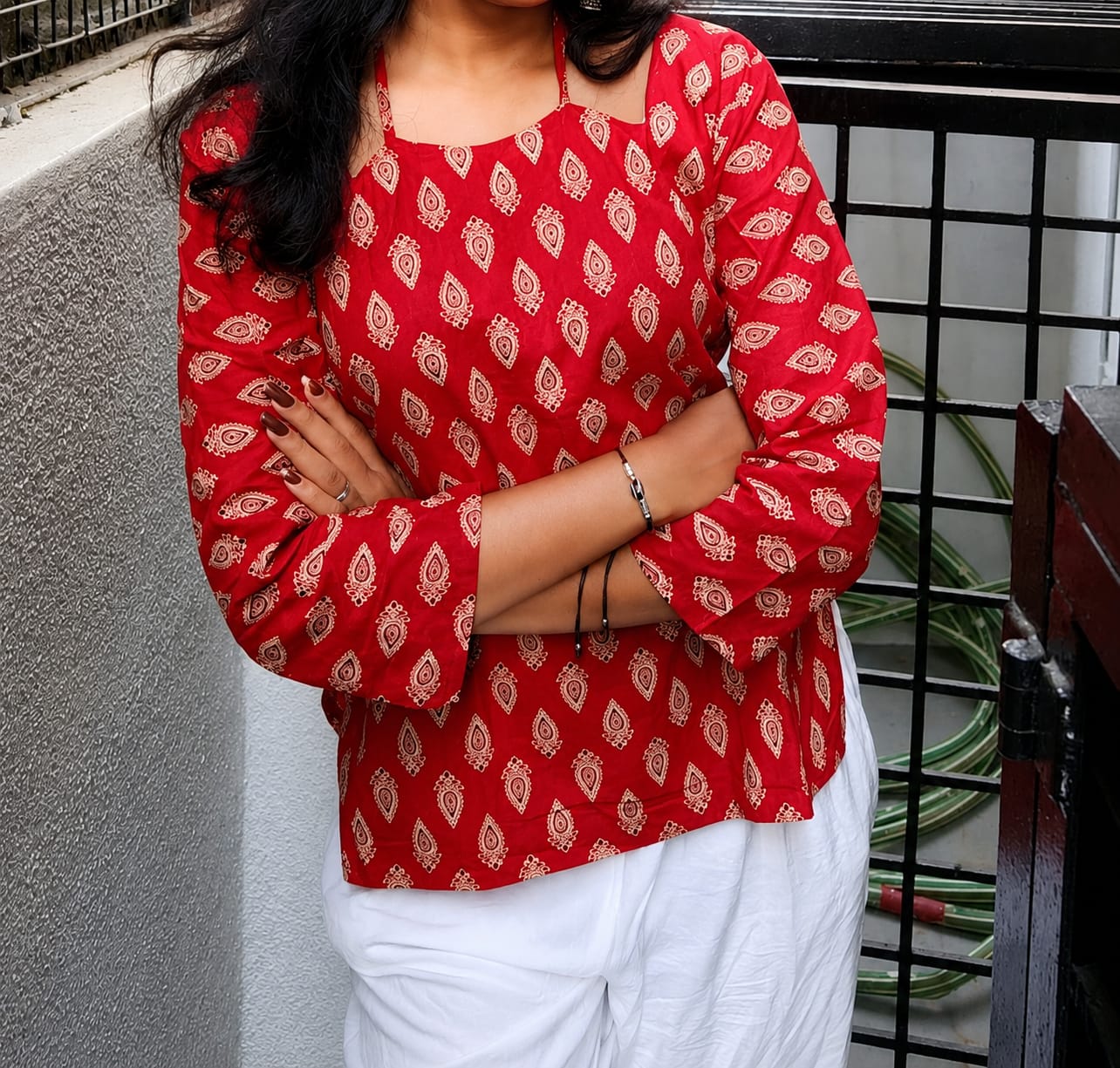 Maroon Ethnic Printed Casual Top for Women