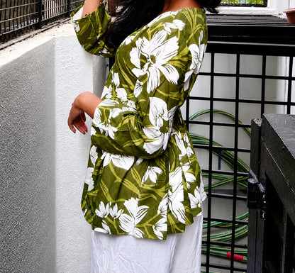 Olive Green Floral Printed Women’s Tunic Top