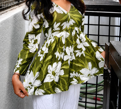 Olive Green Floral Printed Women’s Tunic Top