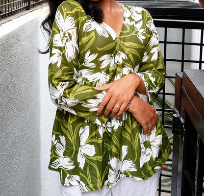 Olive Green Floral Printed Women’s Tunic Top