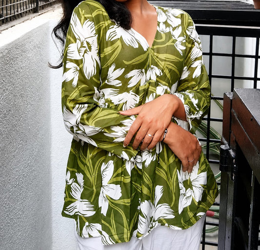 Olive Green Floral Printed Women’s Tunic Top