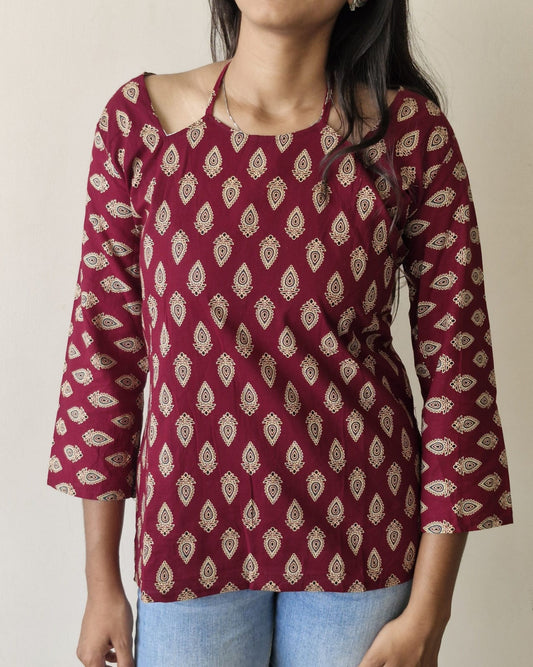 Maroon Ethnic Printed Casual Top for Women