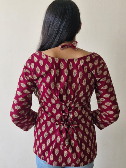 Maroon Ethnic Printed Casual Top for Women